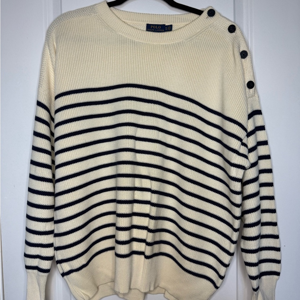 Ralph Lauren Polo Women's Cream and Blue Buttoned Sweater Never worn.